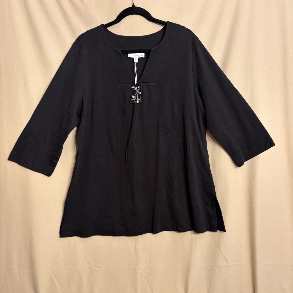 NWT Lucy & Laurel Women’s 2X Black Blouse 3/4 Sleeves 100% Pima Cotton